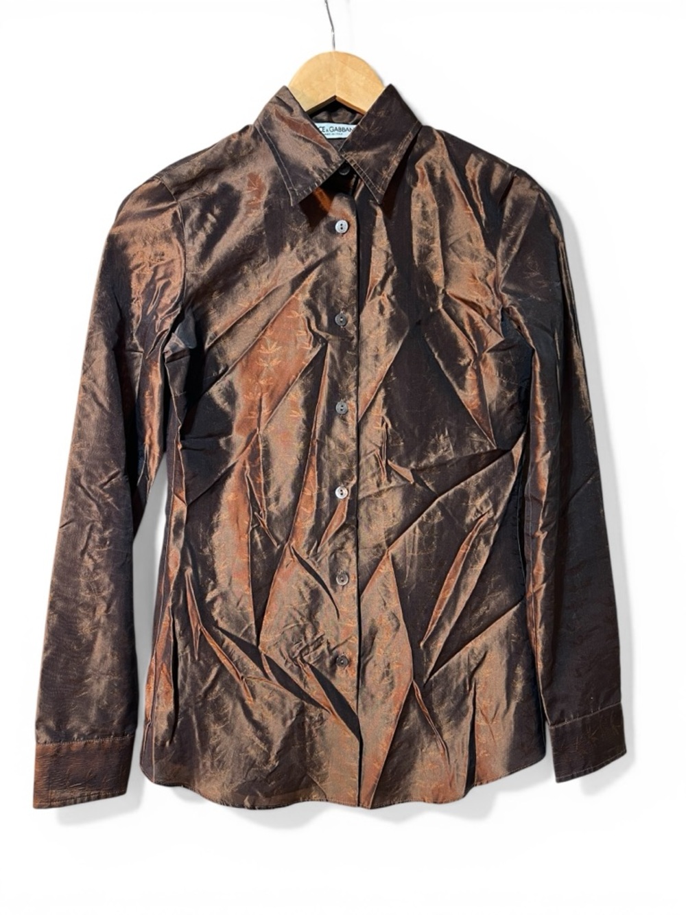 Dolce & Gabbana Metallic Brown Silk Button-Up Shirt
